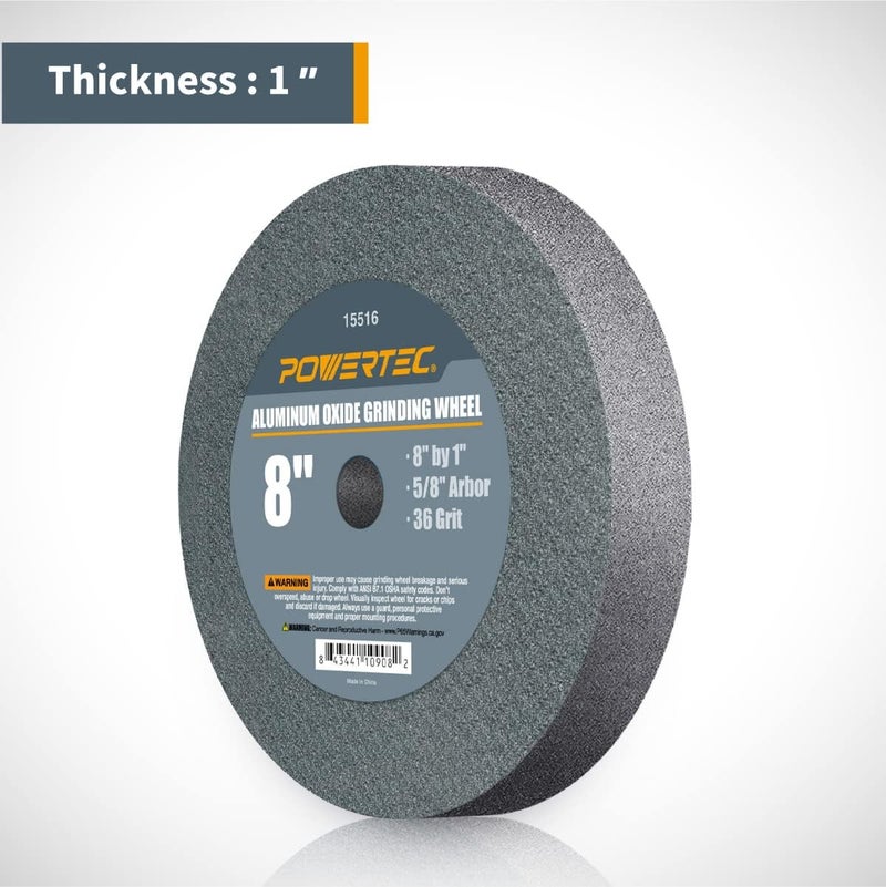 POWERTEC Bench Grinder Wheel 8 Inch White 36 & 100 Grit, Aluminum Oxide Grinding Wheel for Bench and Pedestal Grinder, 1" Thick 5/8" Arbor, Sharpening & Shaping Drill Bits, Blade, Chisel, 2PK (15532) - Image 2